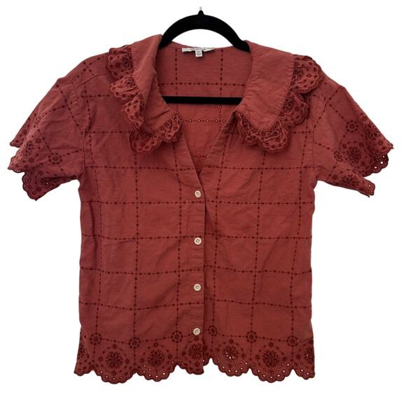 Madewell Embroidered Eyelet Collared Short Sleeve Tee Shirt Weathered Brick- XXS - Picture 1 of 6